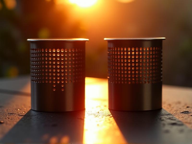 Side-by-side macro shots of a traditional portafilter basket (uneven, sparse holes) and a precision basket (grid-like micro-holes). Golden morning light reflects off the stainless steel, enhancing contrast in engineering quality.