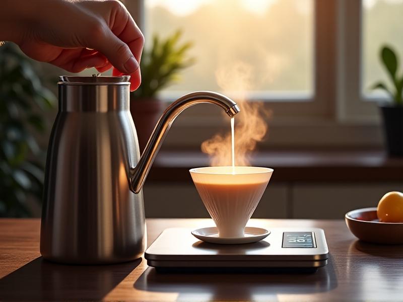 A hand pours water from a stainless steel gooseneck kettle onto coffee grounds in a V60 dripper. The scale beneath displays 250 grams with a timer counting 1:30. Steam rises gently, and morning light accentuates the spiral pour pattern, symbolizing controlled extraction.