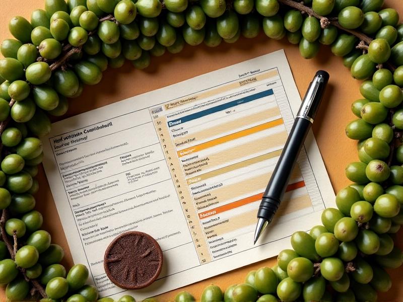 An overhead view of a coffee competition score sheet segmented into color-coded sections, each labeled with criteria like 'Acidity' and 'Body.' A pen points to the 'Flavor' column, surrounded by coffee cherries and a roasted bean sample, lit by natural morning light.