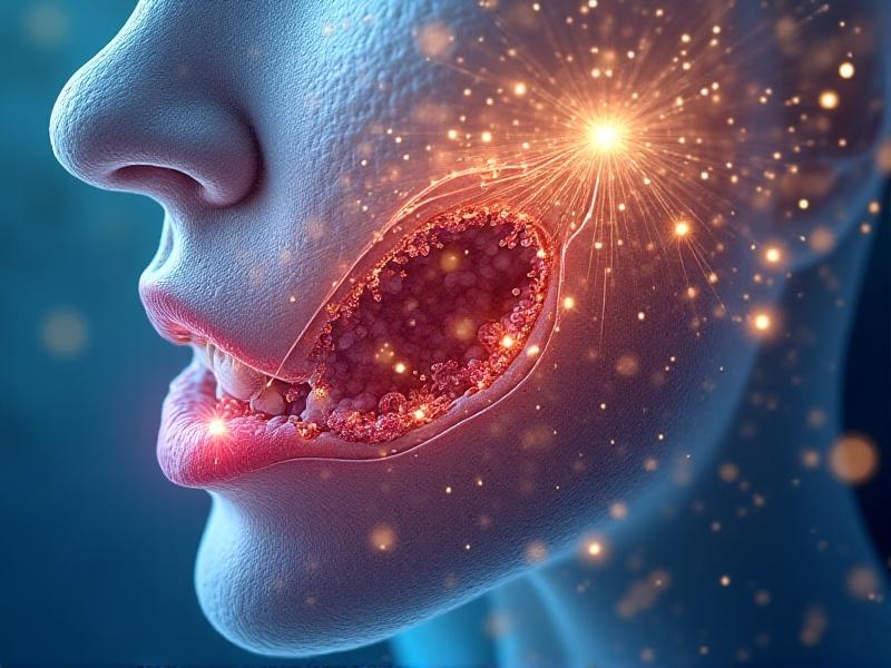 A scientific illustration of taste buds and olfactory receptors, rendered in a cross-sectional view of the human tongue and nasal cavity. Annotated labels show neural pathways connecting to the brain, with warm golden highlights against a soft blue background. The style combines medical accuracy with abstract artistry, emphasizing the interplay of biology and perception.