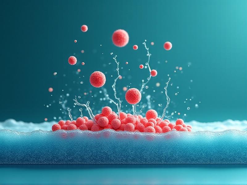 A cross-sectional diagram of liquid being filtered through layered paper pores, with large red particles trapped atop and smaller blue molecules passing through. Animated arrows indicate flow direction against a teal background in a minimalist scientific style.