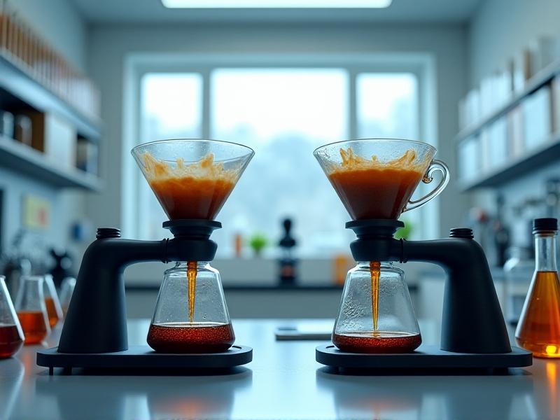 A laboratory-style setup comparing two coffee extractions—one with controlled turbulence showing even saturation, and another with chaotic water flow. Cool-toned lighting and scientific instruments in the background convey a focus on experimentation and data-driven brewing.
