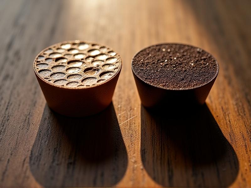 An espresso puck post-extraction with visible channeling cracks, juxtaposed against a perfect uniform bed. The flawed puck has stark light-colored fissures, while the ideal one shows consistent dark saturation. Rustic wood background adds textural contrast.