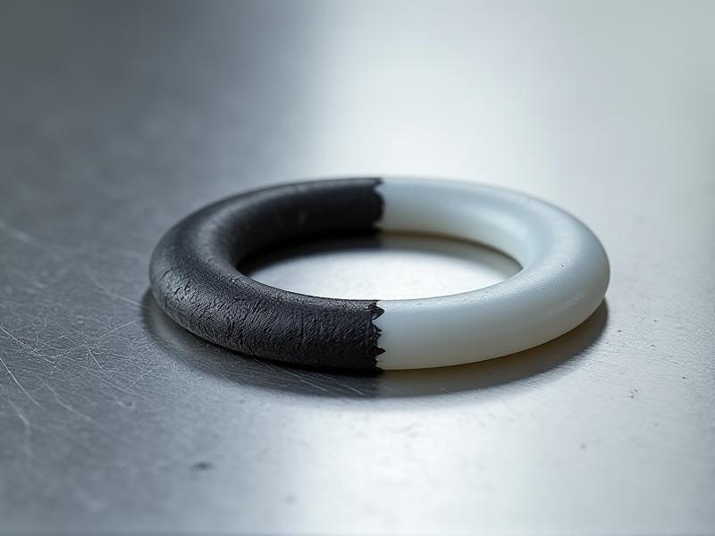 Side-by-side comparison of a worn, cracked rubber gasket and a pristine silicone replacement on a stainless steel surface. The worn gasket shows blackened edges and texture loss, while the new one glows with a faint sheen. Neutral background lighting focuses on texture details.