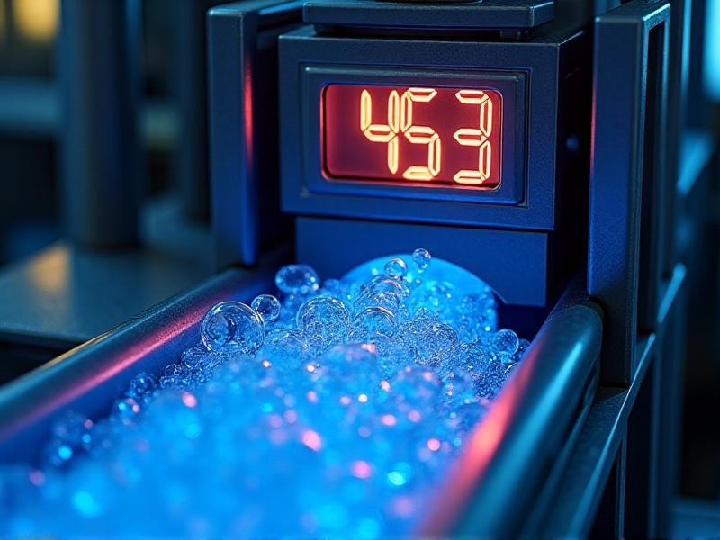 A close-up view of molten polymer flowing through a vacuum extruder, with shimmering gas bubbles escaping into a transparent vent. The machine's steel surfaces reflect neon factory lighting, while a digital timer displays a 45-minute countdown. The atmosphere combines industrial grit with technological sophistication.
