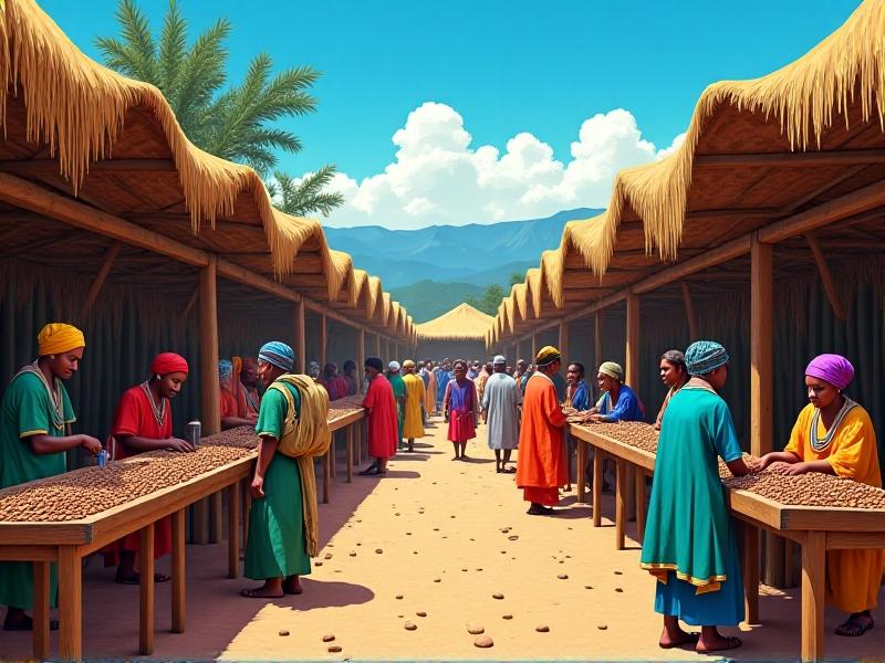 A bustling outdoor coffee market in Ethiopia: vibrant stalls stacked with jute sacks overflowing with green coffee beans, merchants in colorful traditional attire weighing beans on brass scales, customers haggling with animated gestures under a clear blue sky. The scene radiates energy, commerce, and cultural heritage.