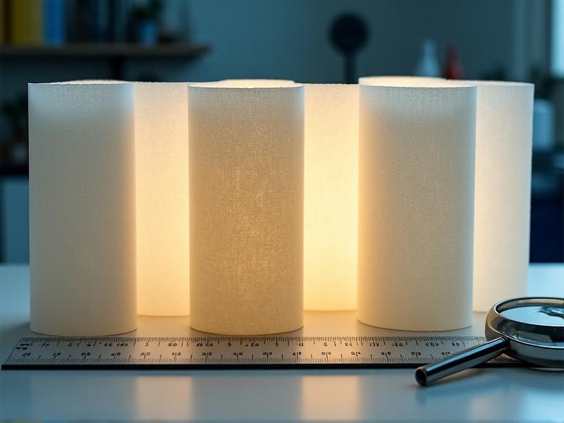 Side-by-side comparison of three filter paper grades on a lab bench: coarse (thick, textured), medium (smooth, off-white), and fine (translucent, tightly woven). A ruler and magnifying glass sit nearby, with warm overhead lighting casting subtle shadows.