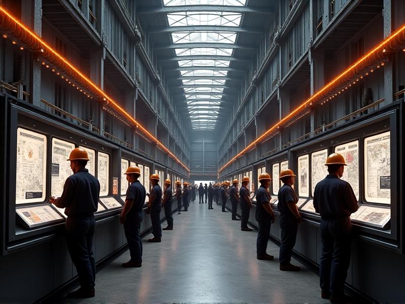 A vast warehouse with humidity-controlled zones, workers monitoring dashboards displaying regional climate data; industrial decor with橙色安全灯和钢架结构，强调环境控制技术。