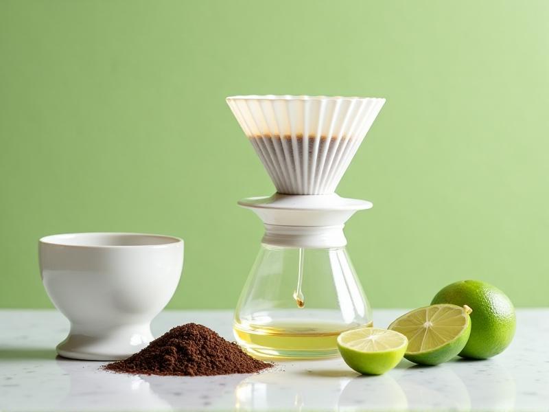 A pristine pour-over coffee setup with a light-roasted Ethiopian washed coffee bed in a white ceramic dripper, clear liquid flowing into a glass carafe, surrounded by green apple and lime slices, evoking freshness and precision.