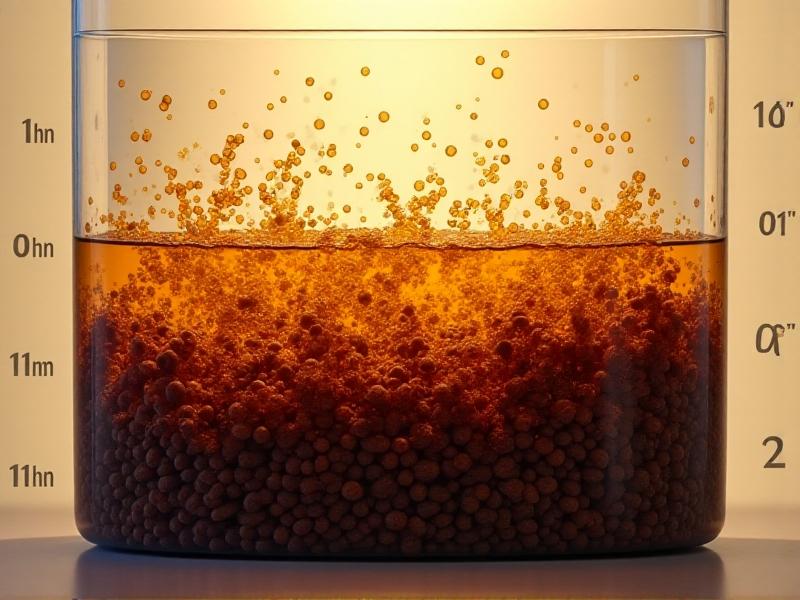 A detailed cross-sectional diagram of coffee grounds submerged in water within a transparent chamber. Microscopic particles release tannins and oils, depicted as glowing yellow and brown particles diffusing through liquid. Arrows show molecular movement, with timestamps indicating progression from 0 to 12 hours. Background colors transition from light amber to deep chestnut, symbolizing extraction stages.