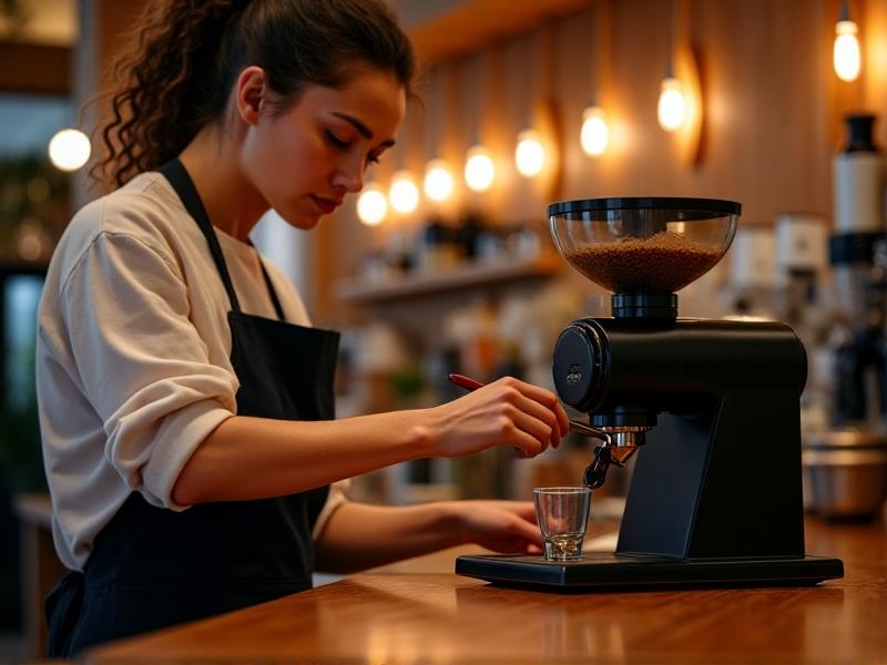 A barista meticulously brushing coffee residue from burr teeth using a small cleaning brush. The grinder's interior is exposed, revealing metallic surfaces with faint coffee oil stains, captured in a well-lit café environment.