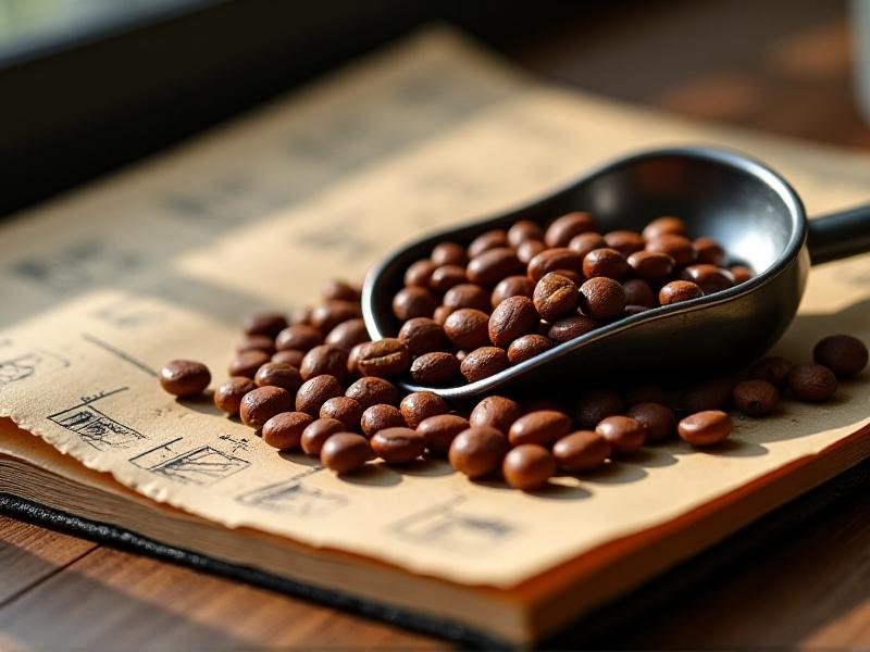 Close-up of light roast Ethiopian Yirgacheffe beans on a bamboo tray, their cinnamon-brown surfaces slightly mottled, placed near a notebook with roast curves. Sunlight filters through a café window, casting soft shadows and highlighting the beans' dry texture. A silver scoop and tasting bowls frame the composition, suggesting quality analysis.