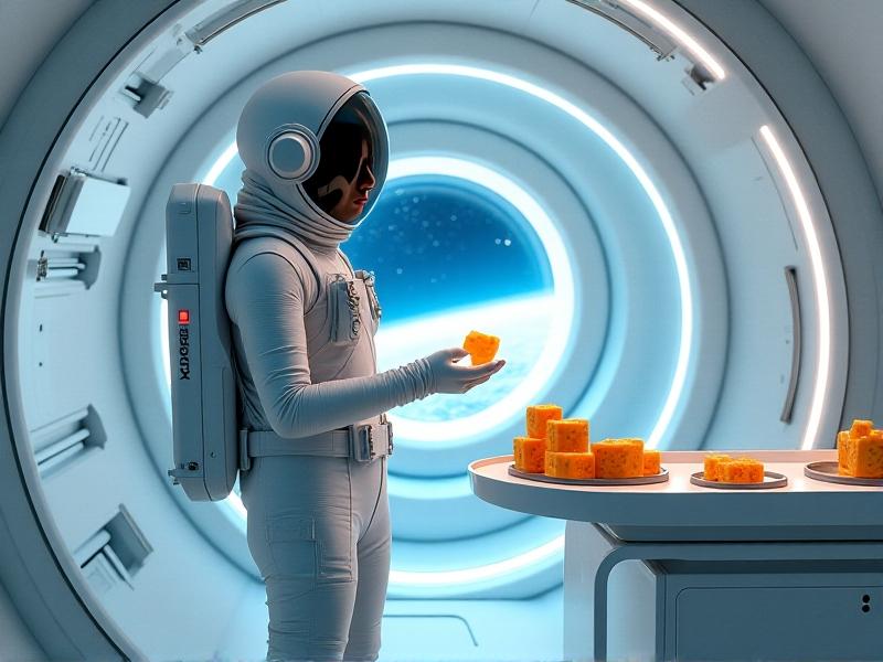 An astronaut in a spacecraft cabin holding a floating package of freeze-dried mango cubes against a backdrop of Earth visible through a circular window. The white, high-tech interior features secured equipment racks and a food tray with rehydration ports.