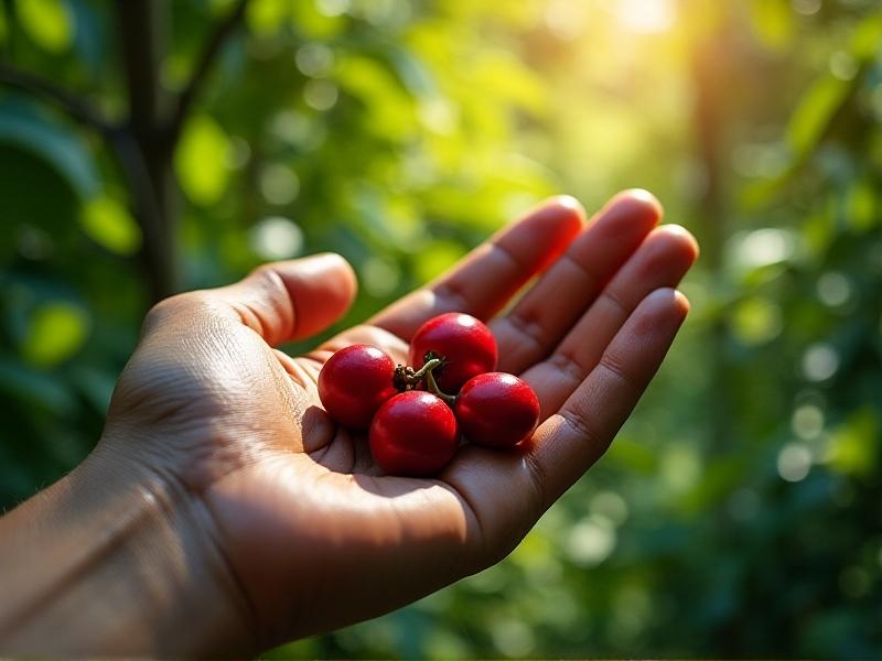 A weathered hand holding a cluster of deep red coffee cherries against a backdrop of lush green foliage, sunlight filtering through leaves to create dappled shadows on the vibrant fruit. The image captures the tactile beauty of harvest season, emphasizing organic shapes and rich, natural colors.