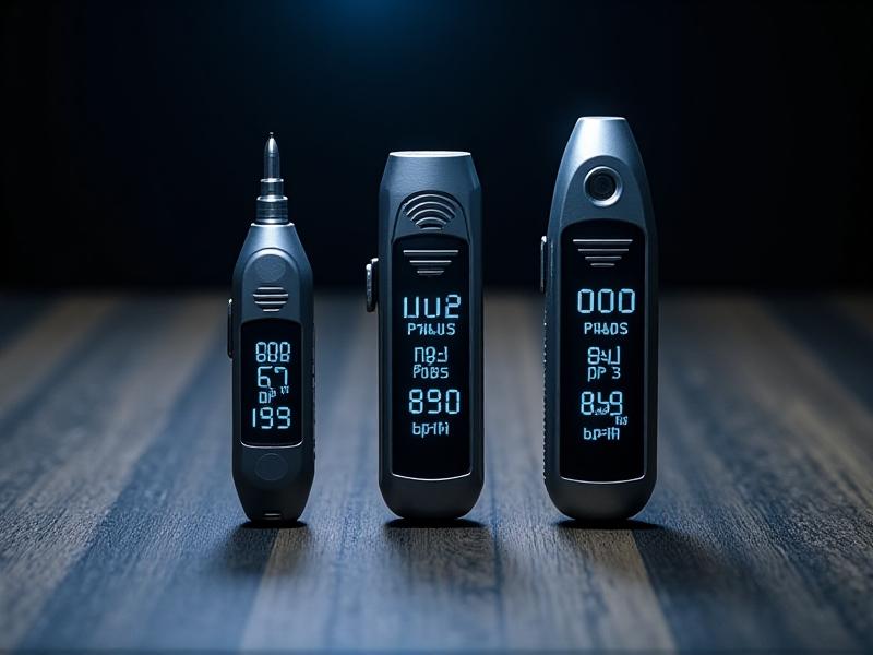 Three TDS meters displayed side-by-side on a wooden table: a pocket-sized pen meter, a mid-range device with protective cap, and a professional-grade model with extended probe. Soft shadows emphasize texture differences, while on-screen readings show 002, 145, and 850 ppm respectively.