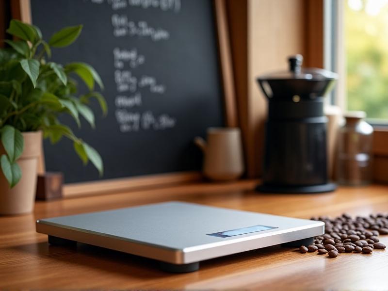 A modern coffee scale with a minimalist design sits on a kitchen counter. Features highlighted include a waterproof surface, LED display, and rubberized feet. Coffee beans spill from a burr grinder in the background, with a chalkboard listing brew ratios nearby.