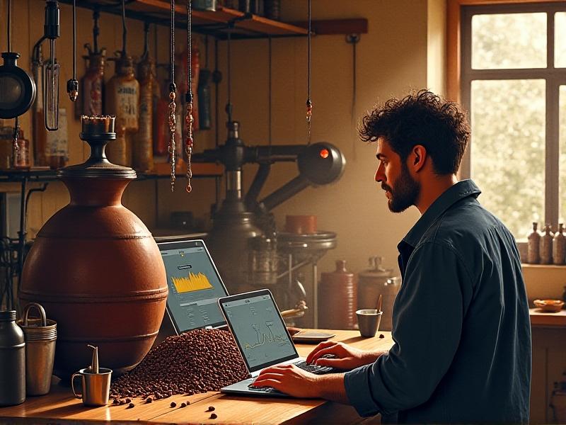 A coffee roaster's workspace with a laptop running roast profiling software, connected to temperature probes inside a roasting drum. Warm lighting highlights the metallic sheen of the equipment, while graphs on the screen show real-time data curves. Coffee beans spill casually beside the roaster, adding texture to the scene.