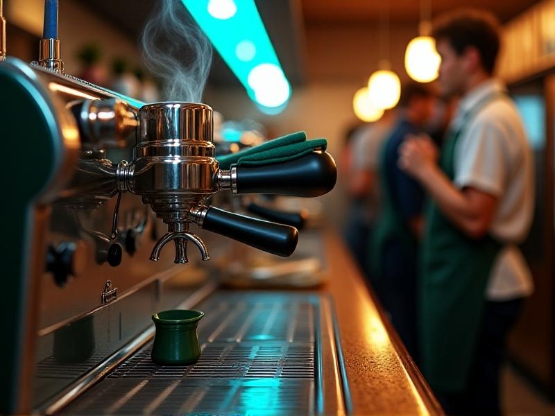 A barista’s hands wiping a steaming hot wand tip with a folded green cloth, steam still rising. The espresso machine’s chrome surface reflects café lighting, capturing the urgency of post-use cleaning in a bustling environment.