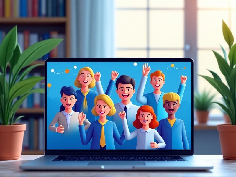A digital illustration of a virtual workshop interface on a laptop screen, showing multiple video call participants with raised hands. The background is a blurred home office with plants and bookshelves, conveying a professional yet comfortable remote learning environment. Soft blue and white colors dominate.