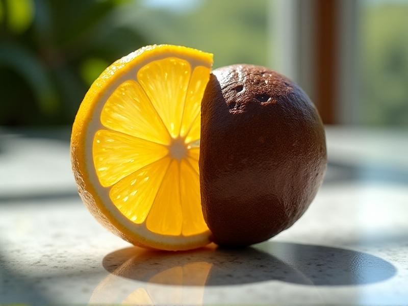 A split image contrasting a bright yellow lemon and a dark roast coffee bean, symbolizing the balance between vibrant acidity and deep roast tones. Sunlight streams through a window, casting sharp shadows on a marble countertop.