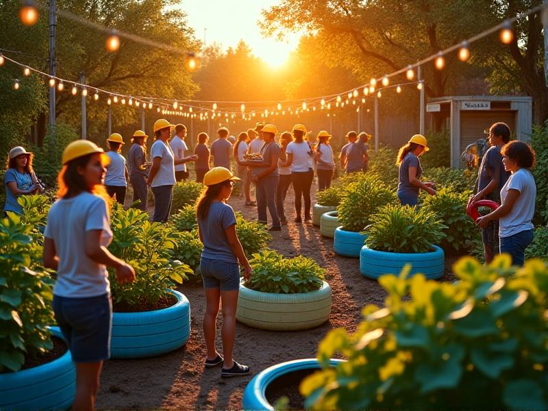 A bustling community garden with diverse volunteers in sunhats tending to vegetable beds made from repainted tires and wooden crates, surrounded by string lights and hand-painted signage, under warm golden-hour lighting.