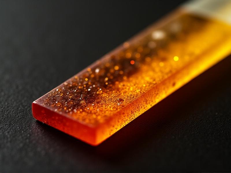 pH test strip dipped in freshly bloomed coffee liquid, transitioning from yellow to orange hues, macro photography with shallow depth of field highlighting chemical reaction.