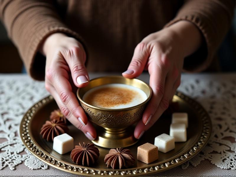 A close-up of hands performing the Turkish coffee ritual: a elderly woman’s weathered hands tipping a cezve to pour foam into a floral-patterned cup. The scene is framed by a lace tablecloth and a brass tray holding cardamom pods and sugar cubes, evoking warmth and tradition.