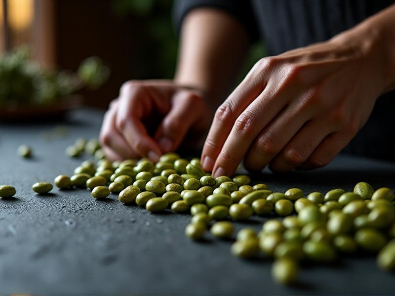 A person’s hands carefully examining green coffee beans on a black stone counter. Focus on texture contrast between smooth, intact beans and rough, cracked ones under warm lighting.