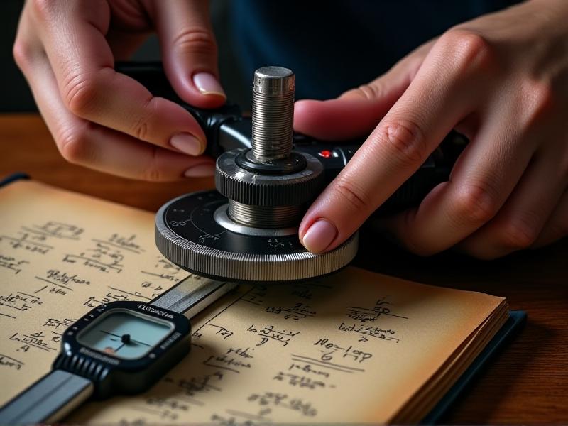 Close-up of hands turning the calibration dial on a burr grinder, with a digital micrometer measuring the distance between burrs. Soft shadows emphasize tactile precision, with a notebook showing handwritten calculations in the background.