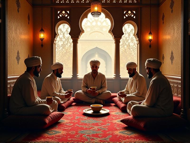 An ornate Ottoman-era coffeehouse with carved wooden arches and plush carpets. Men in traditional attire sit cross-legged on cushions, holding delicate porcelain cups. A barista pours coffee from a cezve into a cup, capturing the foam layer in golden-hour light that streams through stained-glass windows.