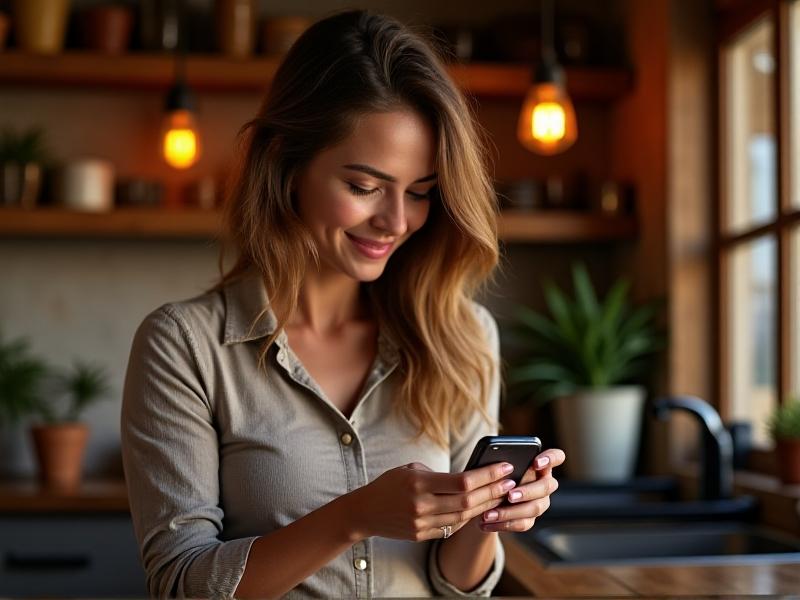 A young woman in a cozy kitchen smiles while scanning a QR code on a coffee package with her smartphone. The screen displays a digital map tracing the coffee’s journey from Ecuadorian mountains to her local store. Warm lighting and rustic wooden surfaces evoke comfort and curiosity.