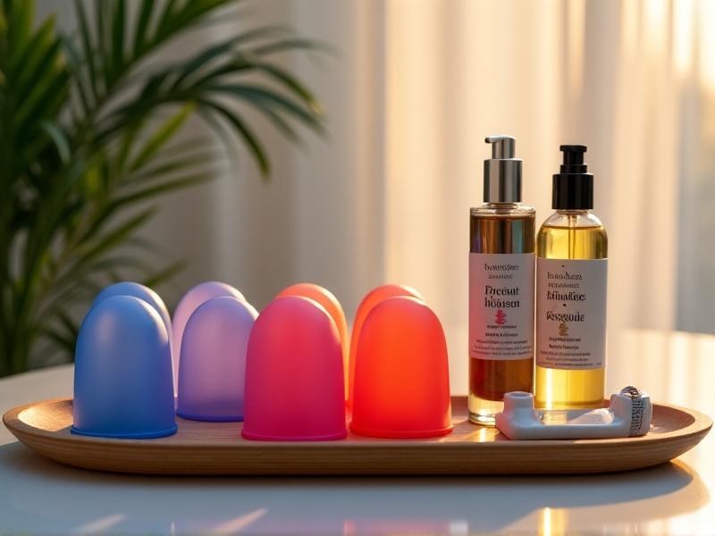 A modern home cupping kit featuring silicone cups in vibrant colors, a manual suction pump with ergonomic design, organic massage oil in a glass bottle, and antiseptic wipes neatly arranged on a minimalist bamboo tray with soft diffused lighting.