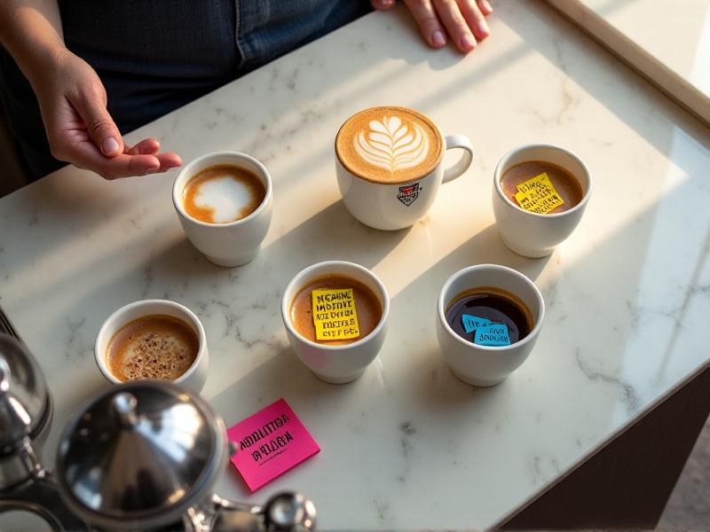 Overhead shot of a marble countertop with five espresso cups in various stages of preparation: one being poured with latte art, others labeled with neon sticky notes. A barista’s hands in the foreground grind fresh beans as steam rises rhythmically from a silver pitcher.