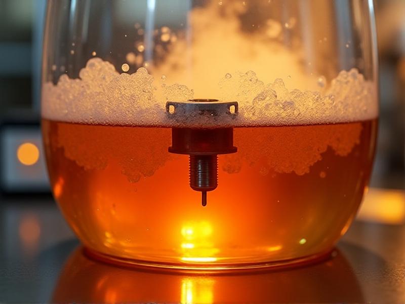 A stainless-steel pH sensor submerged in bubbling amber fermentation broth inside a glass bioreactor, with a digital display showing 4.2 in bright red numerals. Steam rises in the background under soft yellow lab lighting, conveying dynamic biological activity.