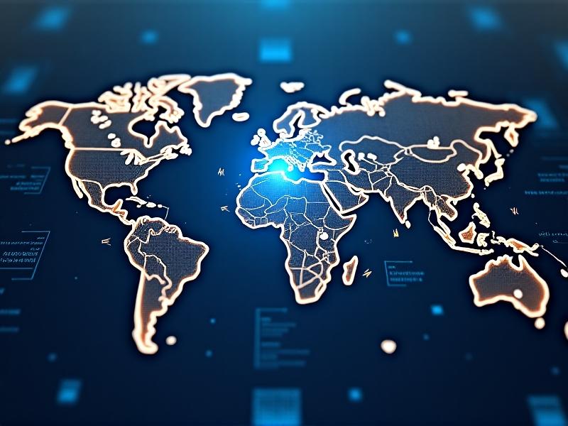 A digital illustration of a blockchain network with interconnected nodes glowing in blue and gold. Transparent lines link nodes labeled ‘Farm,’ ‘Factory,’ ‘Transport,’ and ‘Retail.’ The background resembles a futuristic control panel with graphs and geolocation markers, symbolizing secure, interconnected data flow.