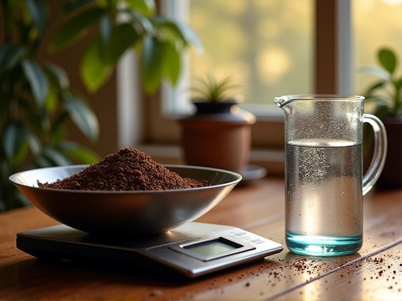 A kitchen scale with coffee grounds in a metal bowl, next to a clear pitcher of water and a printed ratios chart. Natural morning light highlights the texture of the coffee grounds and water droplets.