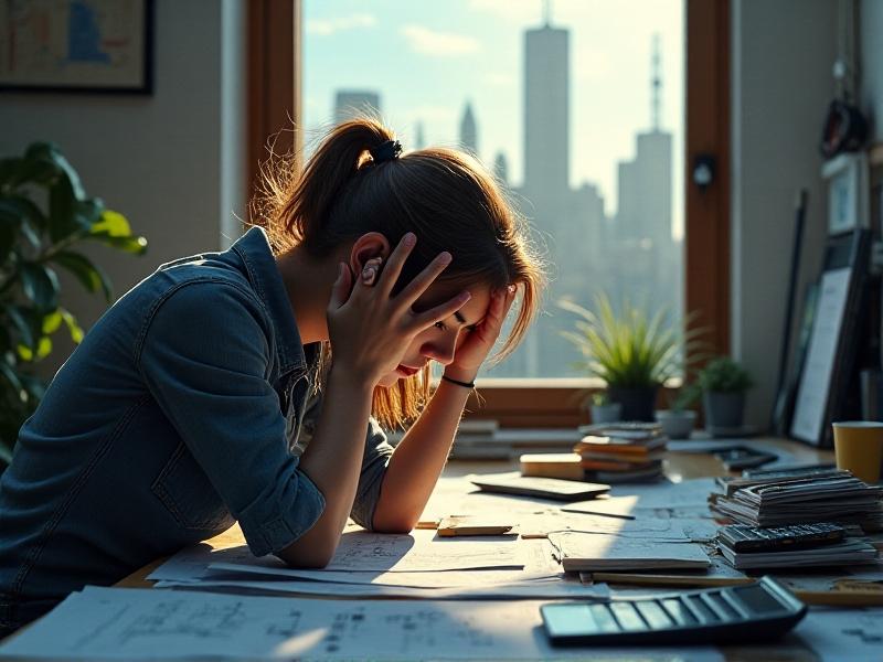 A frustrated engineer at a cluttered desk, surrounded by blueprints and calculators, head in hands. Papers with scribbled equations and a coffee cup sit beside a window showing a rainy construction site. Soft natural light contrasts with the chaotic workspace, symbolizing overwhelm.