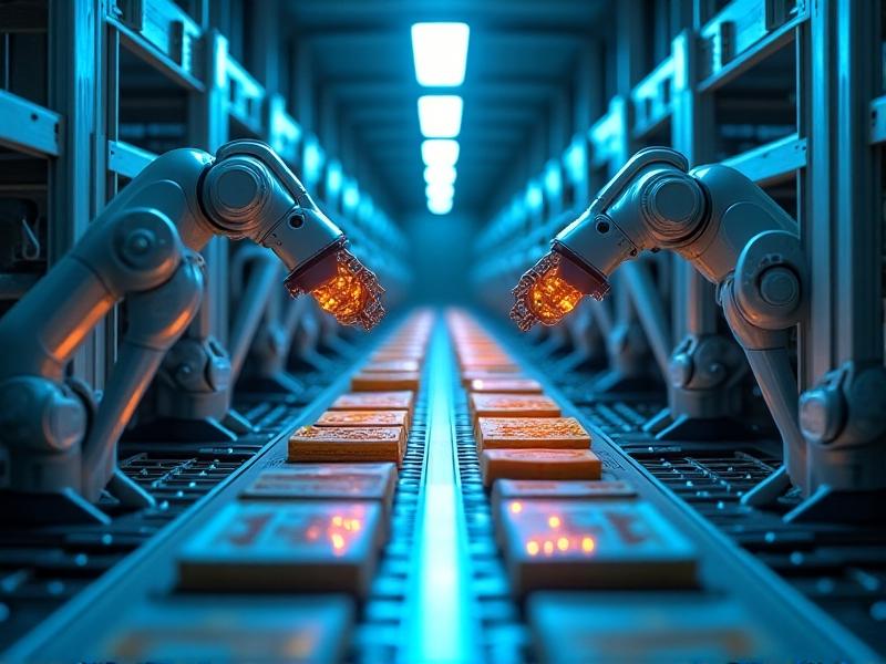 An automated storage facility with robotic arms equipped with moisture sensors inspecting packaged goods; futuristic blue and silver色调,冷光突出技术先进性，传感器显示实时数据流。