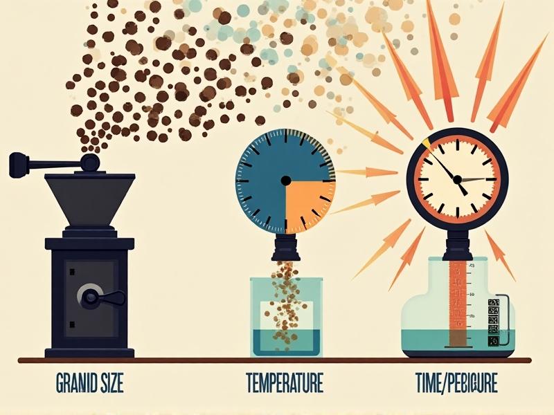 An infographic with three panels: 1) A coffee grinder with particles labeled 'Coarse' to 'Fine,' 2) A thermometer transitioning from blue (cold) to red (hot), 3) A clock face overlaying a pressure gauge. Each panel uses vibrant arrows and icons to illustrate how grind size, temperature, and time/pressure affect extraction. Backgrounds use gradients to symbolize different methods.