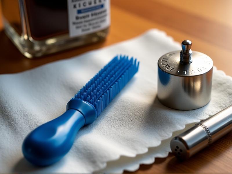 A curated flatlay of steam wand maintenance tools: a blue nylon brush, white microfiber cloth, stainless steel descaling solution bottle, and a polished espresso tamper for scale. Warm natural light casts soft shadows, creating an inviting, organized aesthetic.