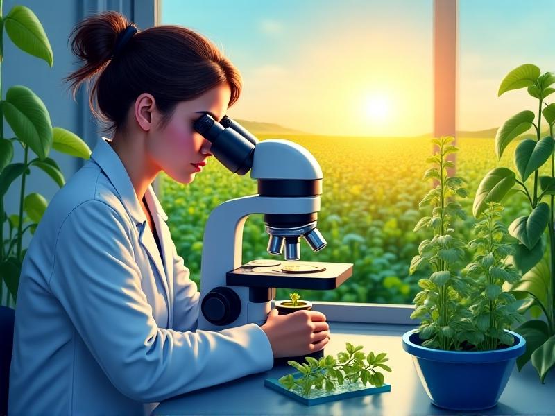 A researcher in a lab coat examines bean seedlings under a microscope while a digital screen displays cellular structures. Nearby, agricultural fields stretch under sunny skies, symbolizing the bridge between lab research and farming. The scene blends blue-toned lab equipment with warm outdoor hues, conveying practical application.