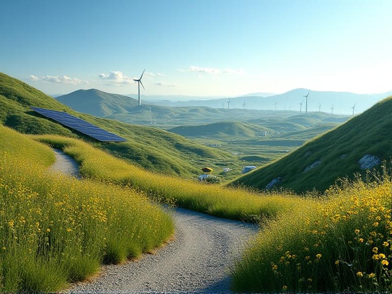 A panoramic view of a rehabilitated landfill with rolling green hills, solar panel arrays, and winding gravel paths under a clear blue sky, featuring scattered wildflower meadows and distant wind turbines.