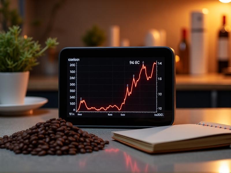 A digital thermometer screen displaying real-time temperature data during vacuum brewing. The graph shows a red line peaking at 94°C, then dipping to 88°C as coffee steeps. The background is a blurred kitchen counter with coffee beans and a notebook, emphasizing precision in a cozy setting.