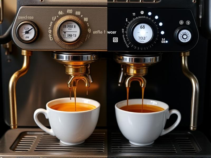 Split-screen image contrasting a manual lever machine (left) and a modern pump-driven espresso machine (right). The lever side shows analog gauges and brass fittings; the pump side features a digital touchscreen and LED indicators. Both pour espresso into identical cups under neutral studio lighting.