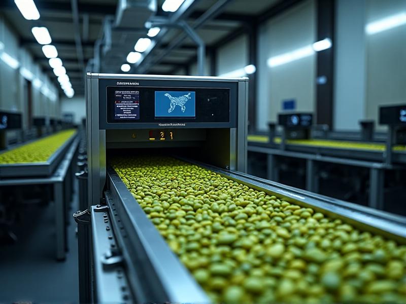 A modern color sorting machine with green coffee beans flowing through a vibrating conveyor under bright LED lights. Defective beans are ejected into a separate chamber, demonstrating precision in automation.