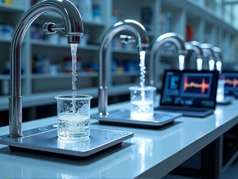 A laboratory setup with three gooseneck kettles mounted on stands, pouring hot water into glass beakers atop digital scales. High-speed cameras capture the water streams in mid-air, with laptops displaying real-time flow rate data graphs in a sleek, modern lab environment.