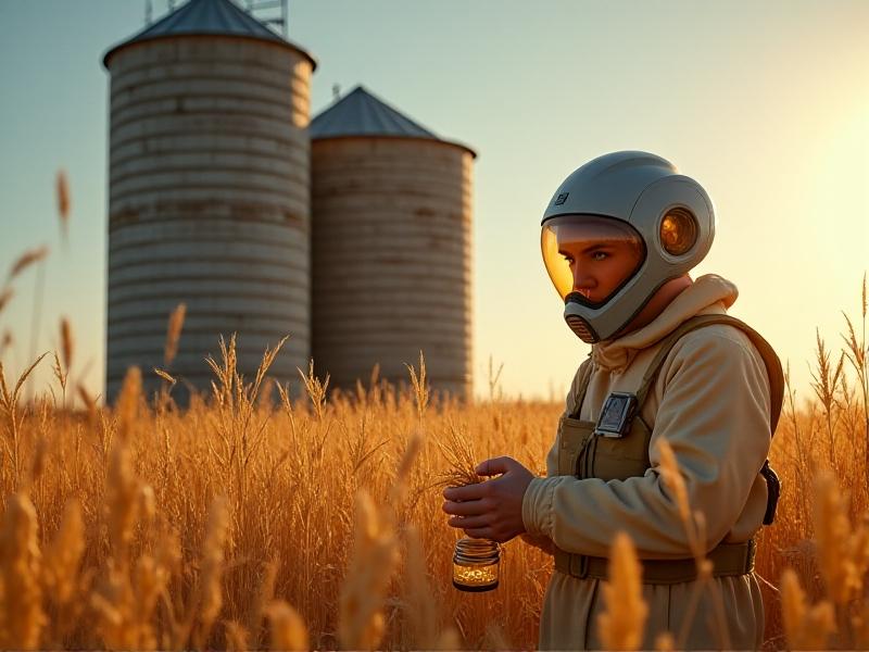 A researcher in protective gear collects corn kernels from a grain silo in a rustic agricultural setting, with golden sunlight filtering through the dusty air and a focus on the meticulous handling of samples.