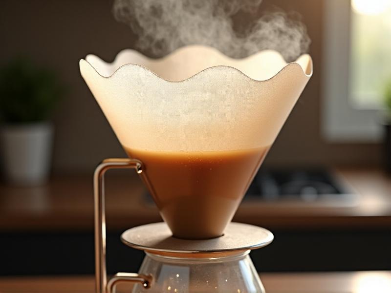 A translucent nylon filter stretched across a siphon brewer’s frame, showcasing its fine mesh and flexible edges. Coffee droplets cling to the mesh, backlit by soft kitchen lighting that highlights the synthetic material’s smooth, utilitarian design.