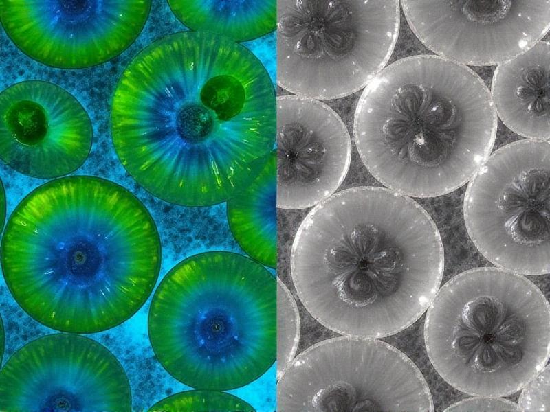 Split-image comparison: Left side shows a light microscopy image of bean cells with green chloroplasts and blue-stained nuclei under bright light. Right side displays an electron microscopy monochrome image revealing intricate organelle membranes and cell wall microfibrils. The split contrasts color vs. grayscale, surface vs. internal structures, and resolution differences.