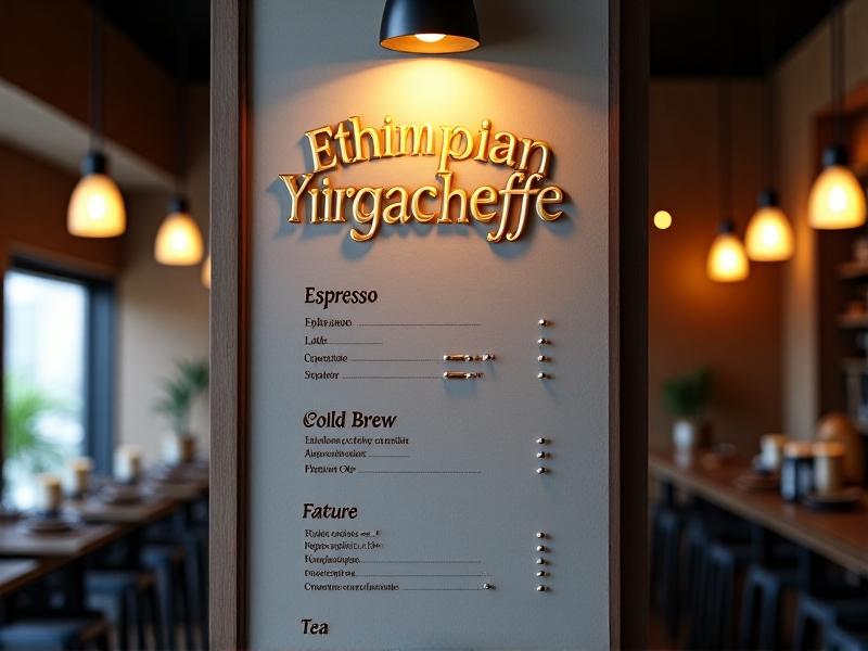 A sleek, vertical menu board in a modern café, with gold foil accents highlighting 'Ethiopian Yirgacheffe' at the top. Subdued gray backgrounds separate categories like 'Espresso' and 'Cold Brew,' while arrows subtly point to a featured drink. Warm pendant lights create inviting contrast.